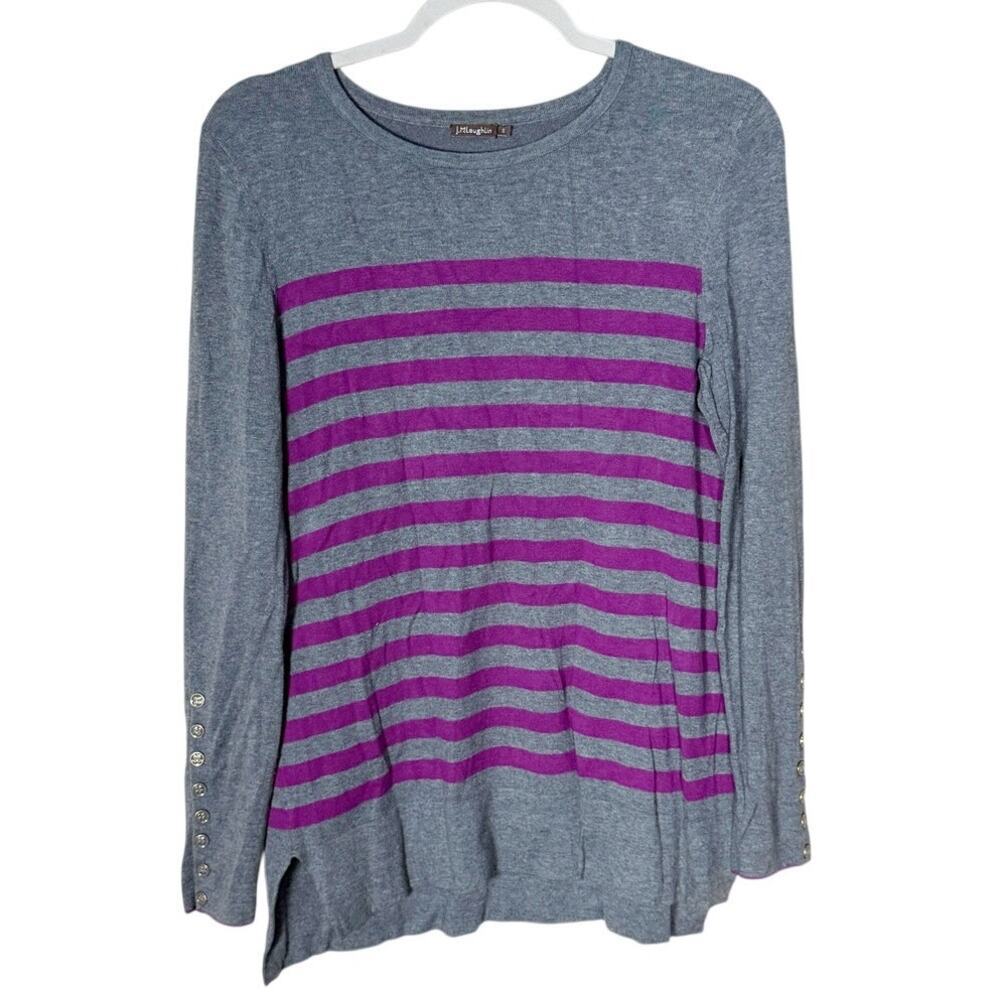 J. McLaughlin Jamey Sweater Gray Purple Stripes Button Sleeves Size Small